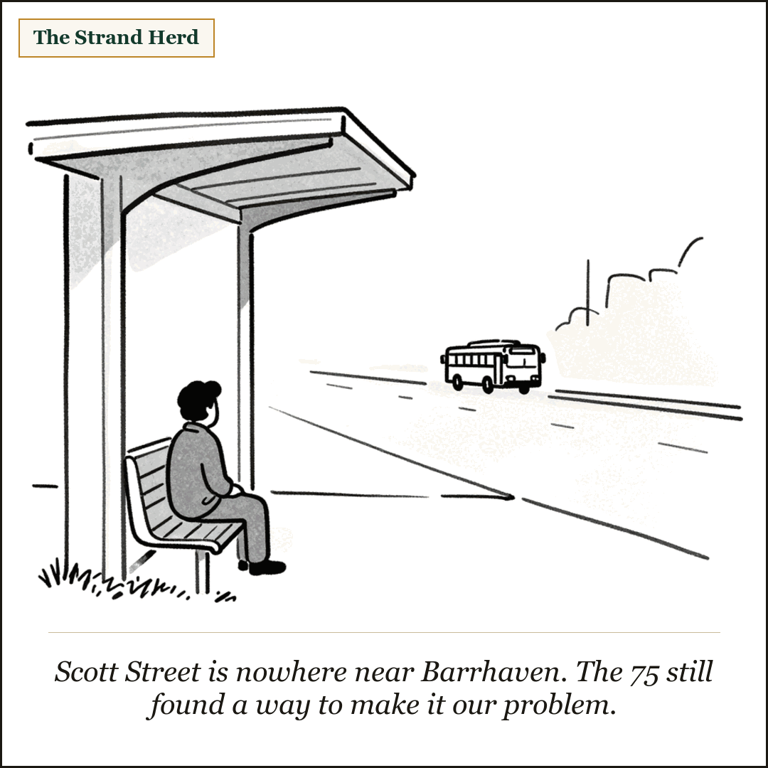A loose ink cartoon of one person alone on a bench under a suburban transit shelter, an empty road, and a city bus small in the distance.