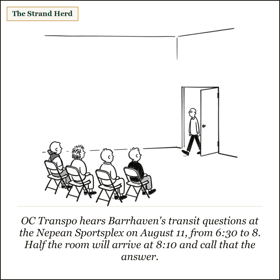 A loose ink cartoon of a plain hall with four people seated in a short row of folding chairs while one lone figure walks in late through an open door across the room.