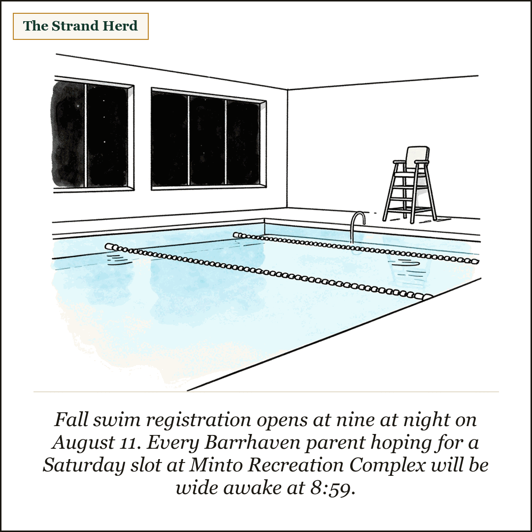 An empty indoor swimming pool at night, still water and lane ropes, a tall empty lifeguard chair on the deck and dark windows along the far wall.