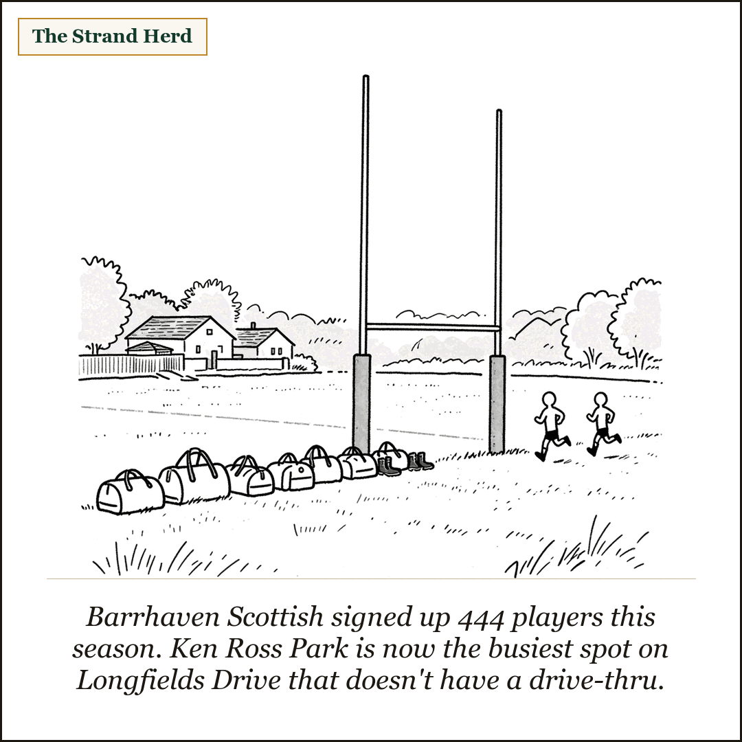 A loose ink cartoon of a suburban rugby pitch at dusk with tall goal posts, a long row of duffel bags and boots along the sideline, two small figures jogging, and houses behind the trees.