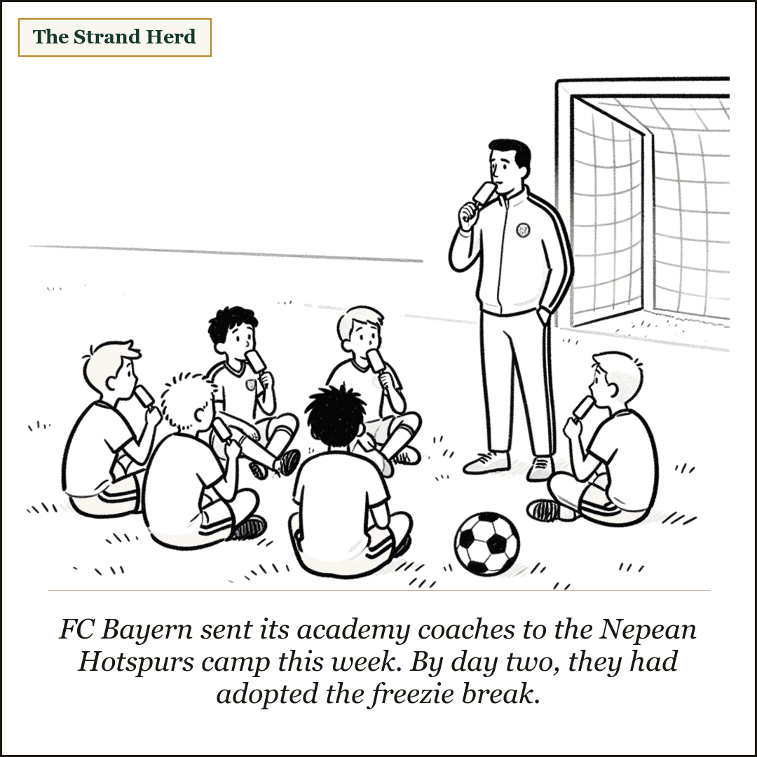 A loose ink cartoon of young soccer players in jerseys sitting on the grass eating freezies during a camp break while a coach in a tracksuit stands among them eating one too, a soccer ball on the grass and a goal net behind.