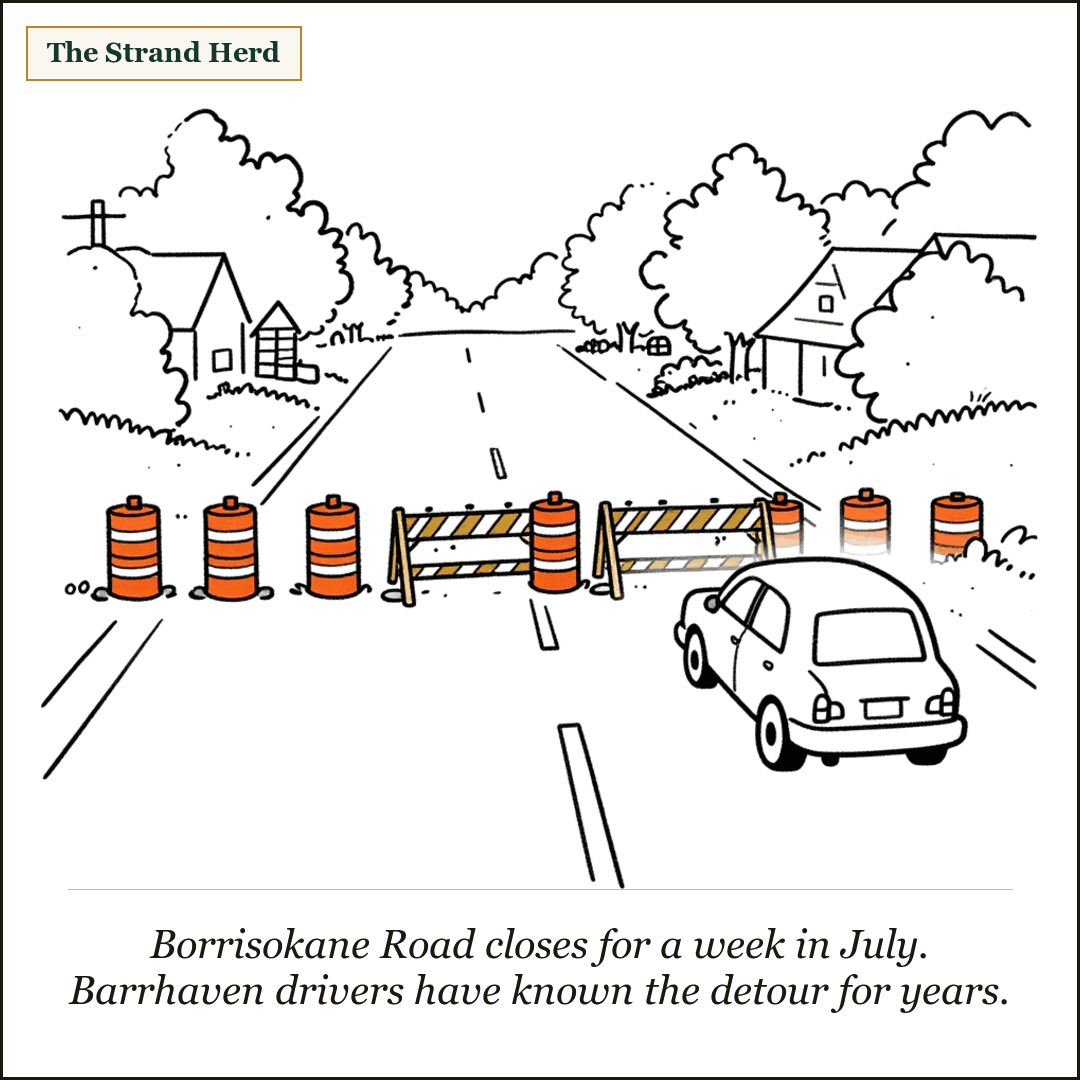 Loose line cartoon: an empty suburban two-lane road blocked by orange traffic barrels and a striped wooden barricade, a single car turning away in the foreground, houses and trees behind.