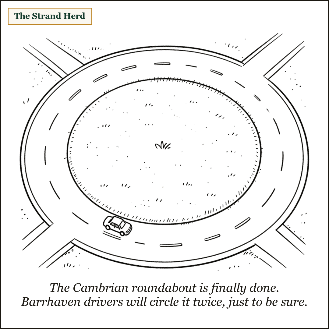 Overhead cartoon view of a new suburban roundabout with a grass island, a single small car driving around the circle.