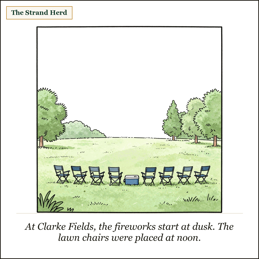 A loose ink cartoon of an empty sunny suburban park field at midday, with a tidy row of folding lawn chairs and a cooler already arranged on the grass to claim a spot, nobody around yet, leafy trees at the far edges.
