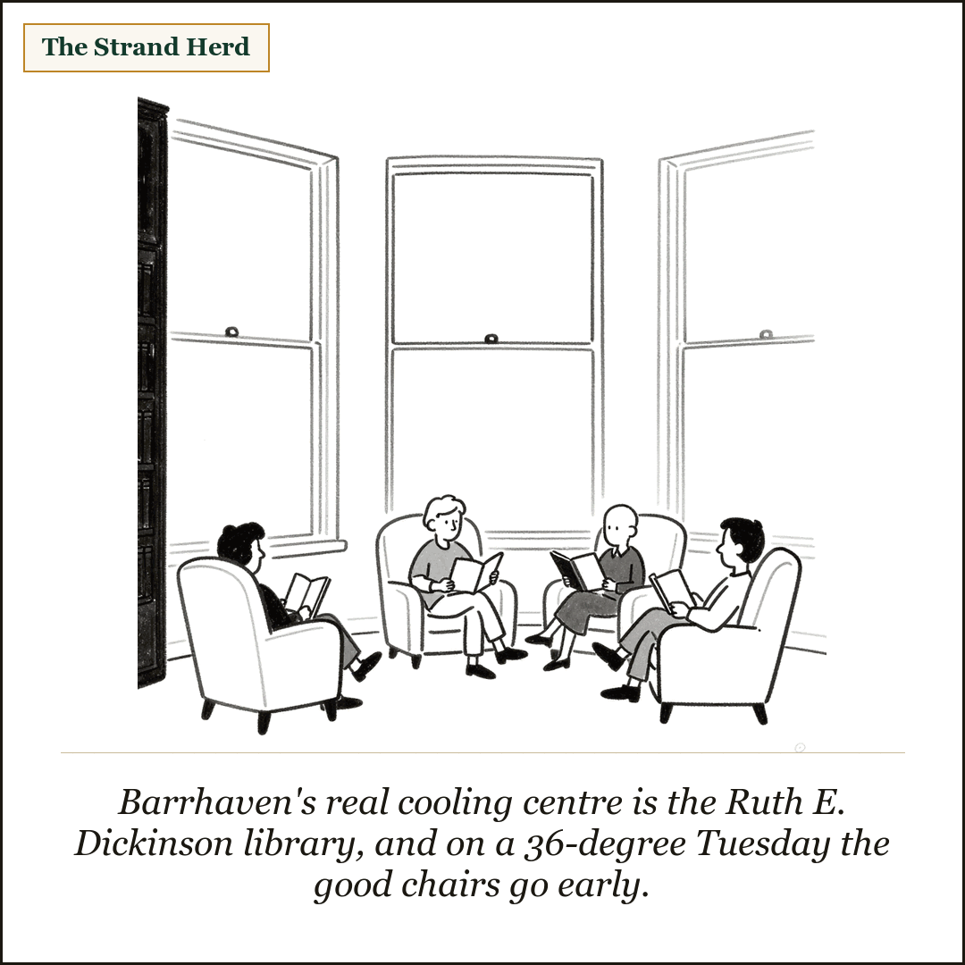 Loose line cartoon: four relaxed people of different ages read in comfortable armchairs inside a cool, bright library with tall sunny windows and a bookshelf, a calm refuge from the heat outside.