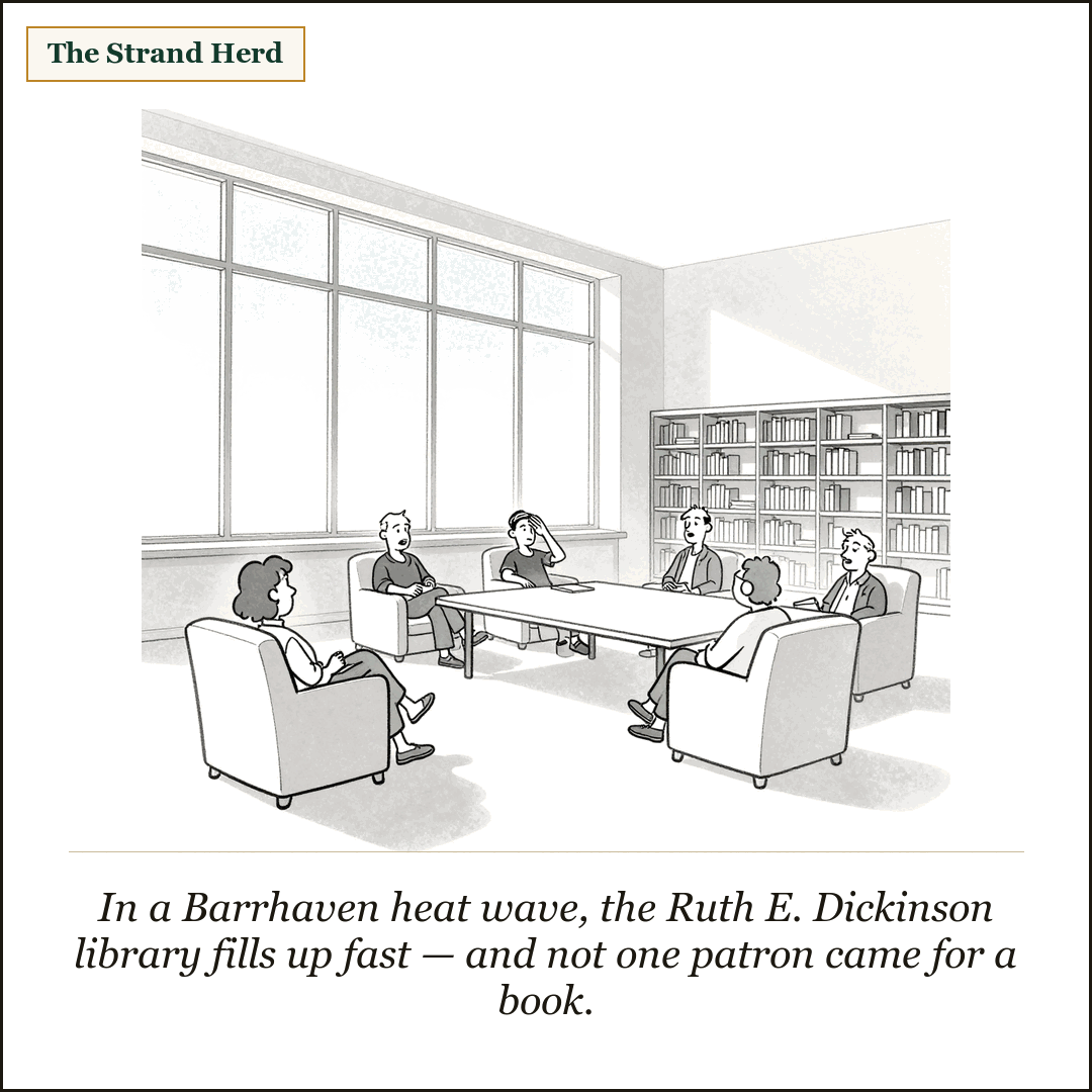 A loose ink cartoon of a bright airy public library reading room with tall sunny windows and plain bookshelves in the background, six people lounging comfortably in armchairs and at a long table on a hot day, one of them fanning their brow.