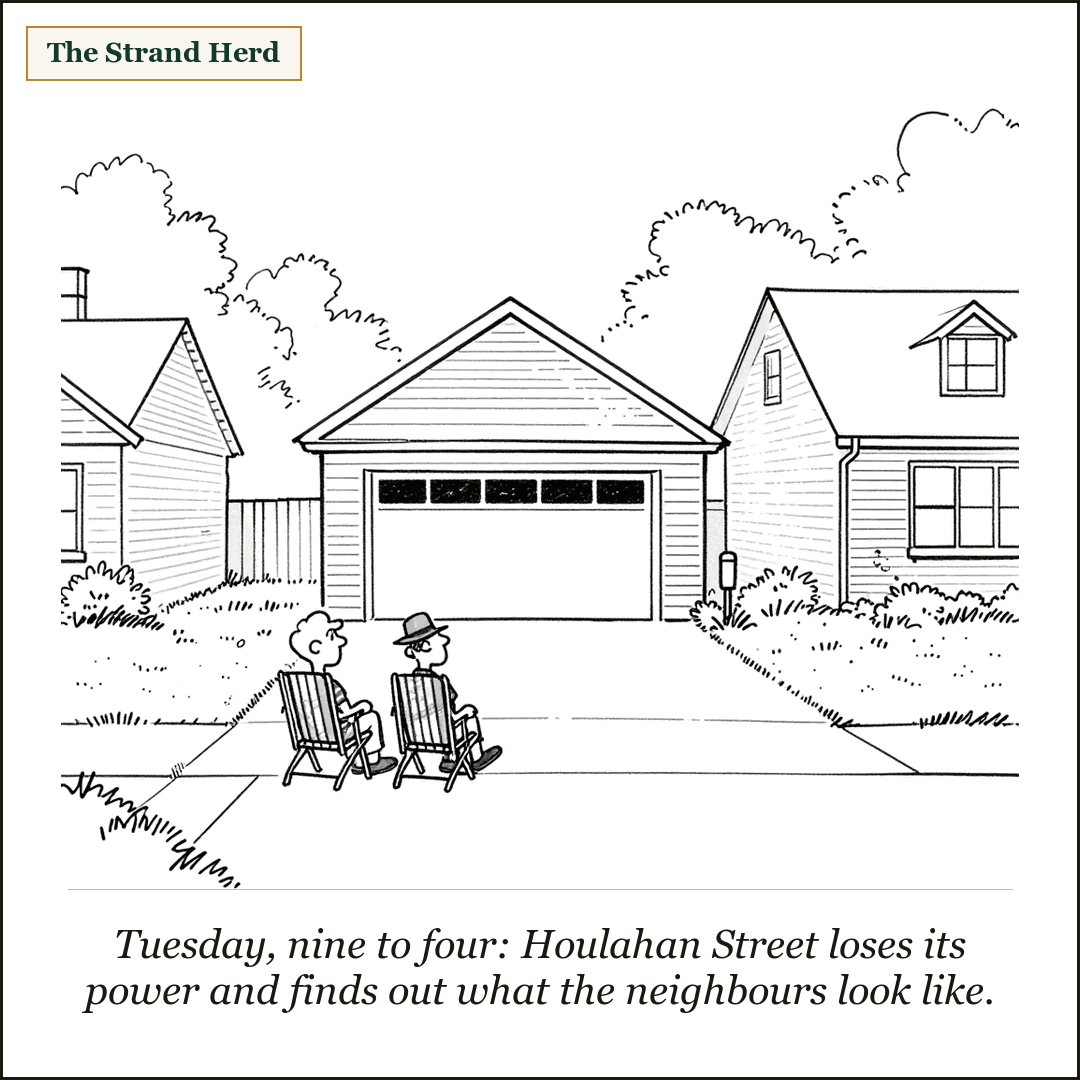 A loose black-ink cartoon of two neighbours sitting in lawn chairs at the end of a suburban driveway in front of a closed garage door, on a quiet street of identical Barrhaven houses.