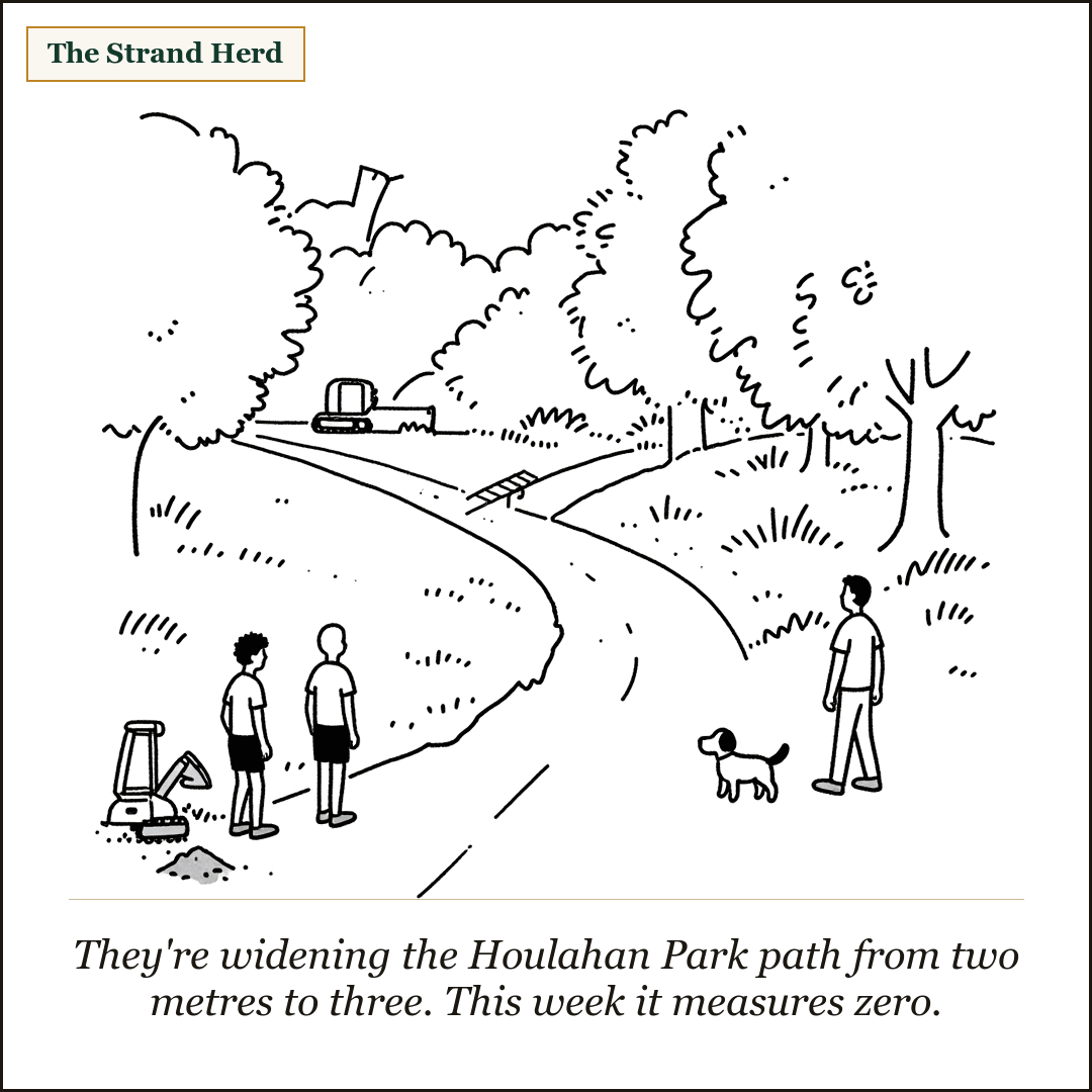 Loose line cartoon: a torn-up paved walking path through a leafy park, a small excavator and a dirt pile beside it, two people and a dog-walker pausing where the path is dug up.