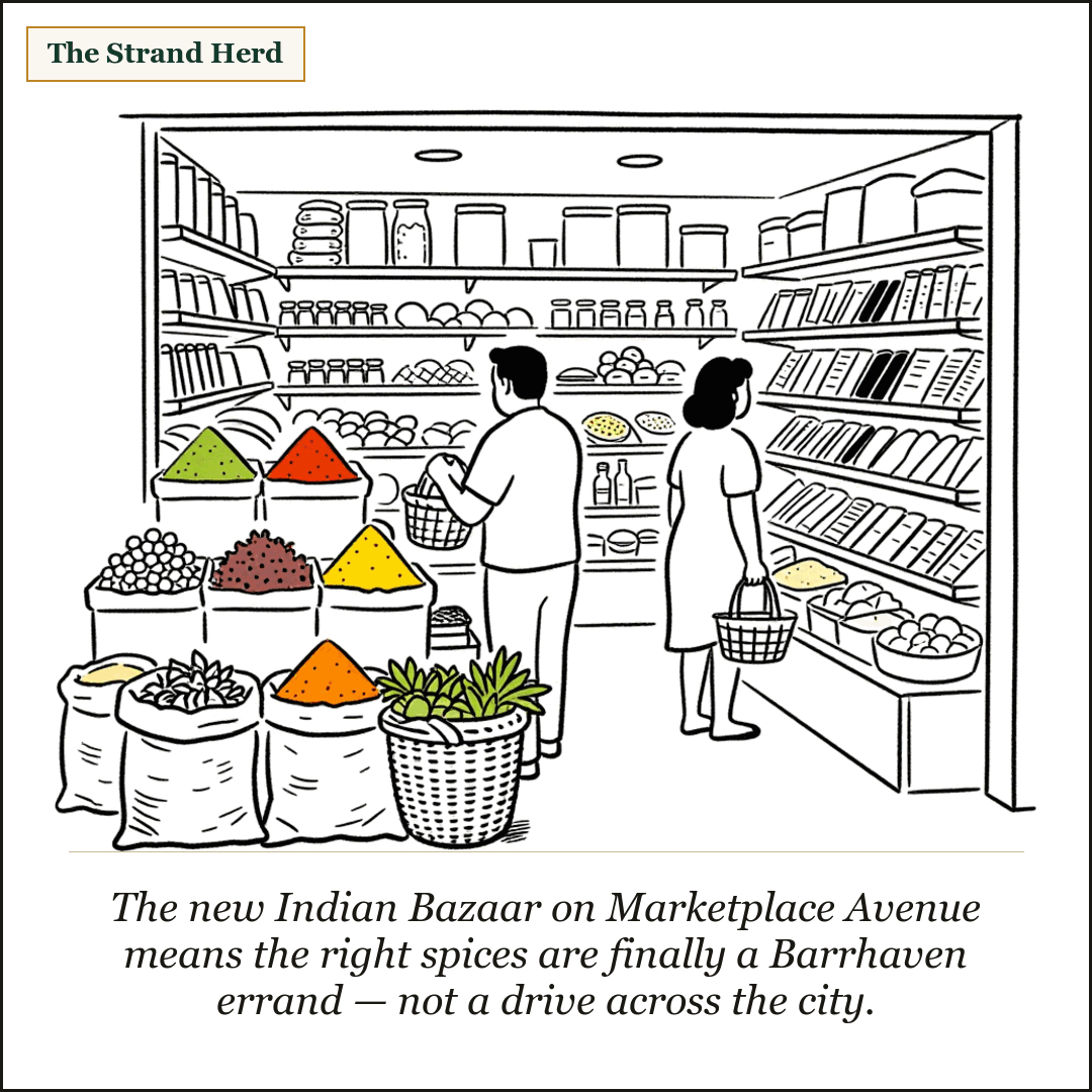 A loose ink cartoon of the bright interior of a small South Asian grocery shop: mounds of colourful spices and produce in open bins, burlap sacks of grains and a woven basket in front, two shoppers browsing the aisle with hand baskets.