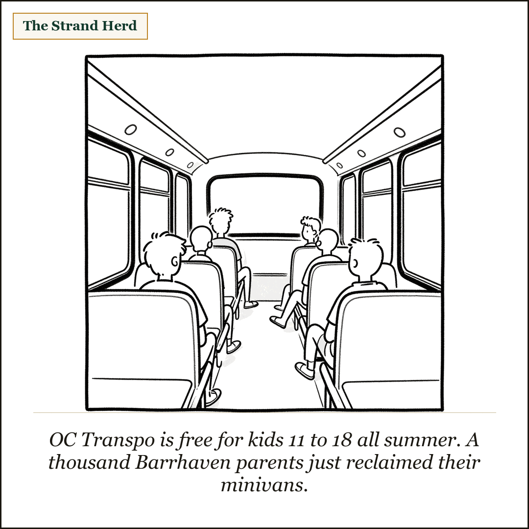 Loose line cartoon: a few relaxed teenagers slouched across the seats of a nearly empty city bus in bright summer daylight.