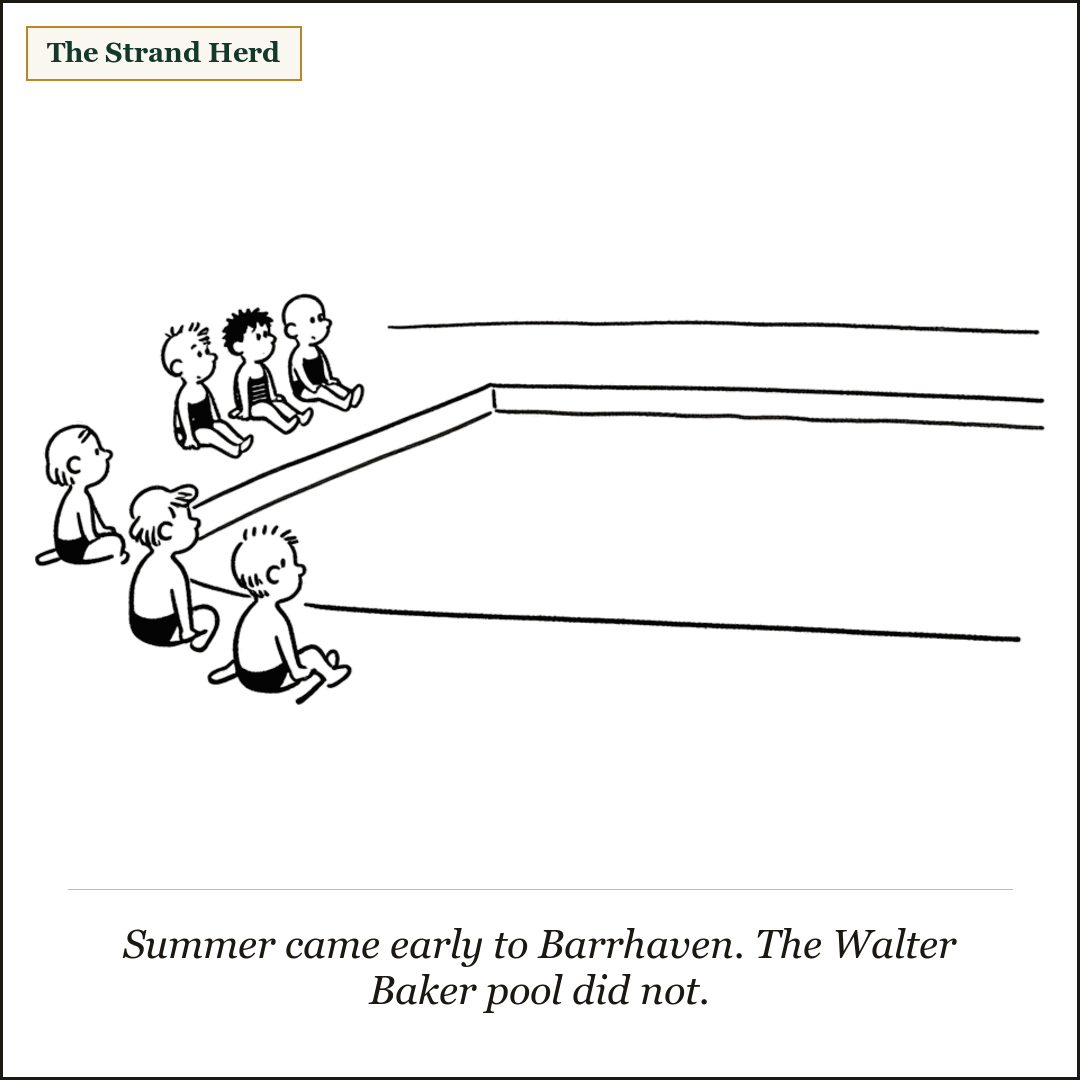 A few children sit on the deck beside an empty community swimming pool on a hot summer day.