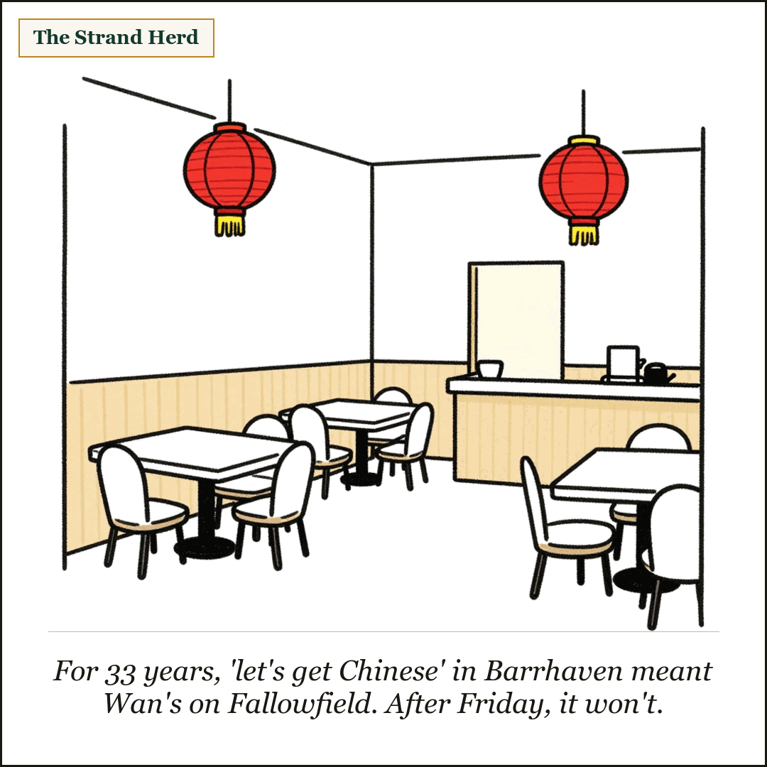 Loose line cartoon: the quiet, empty interior of a small family Chinese restaurant — a few simple tables and chairs, a plain wooden service counter, two round red paper lanterns hanging from the ceiling, nobody inside.