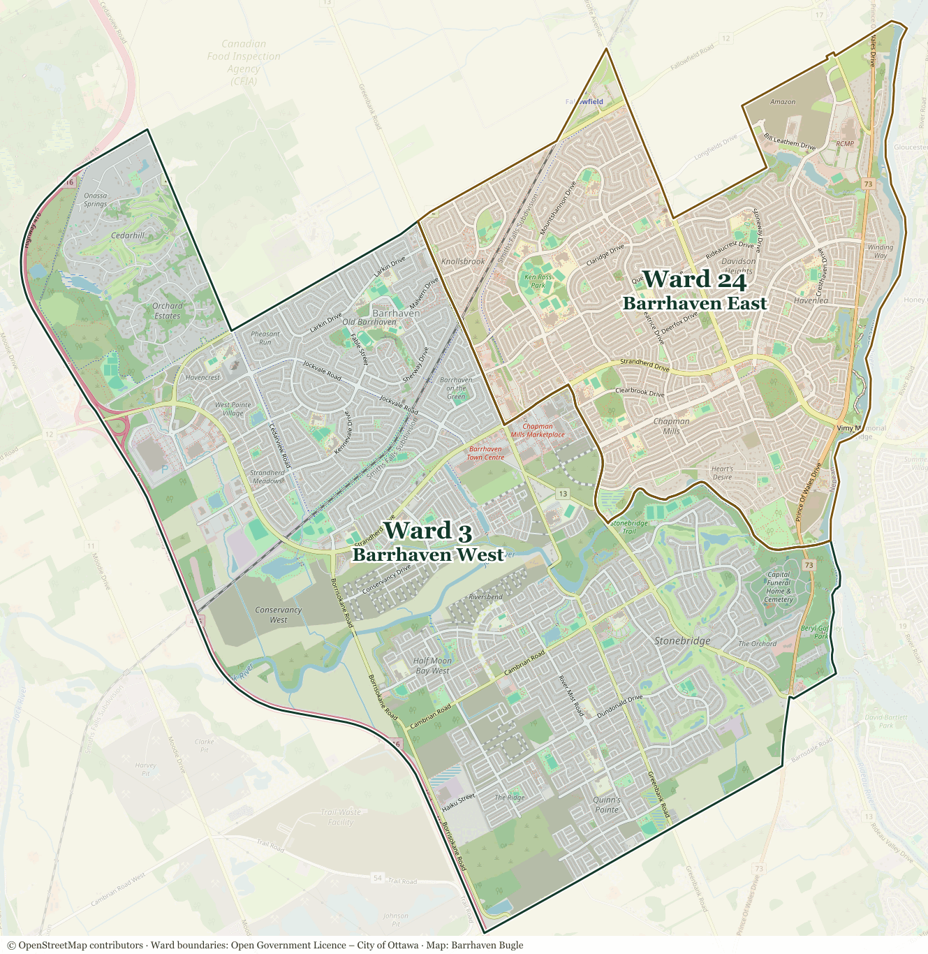 Street map of Barrhaven showing the Ward 3 Barrhaven West and Ward 24 Barrhaven East boundaries.