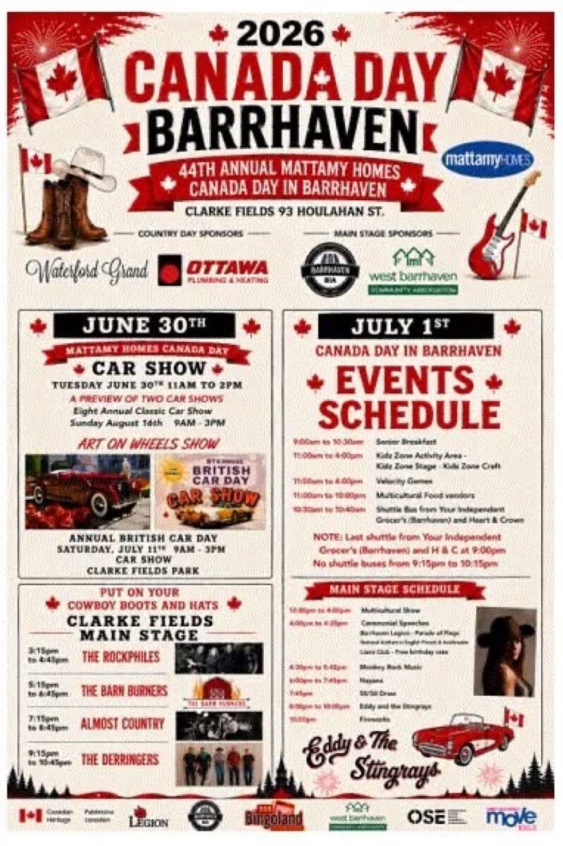 Official 2026 schedule poster for the 44th annual Mattamy Homes Canada Day in Barrhaven at Clarke Fields, June 30 and July 1