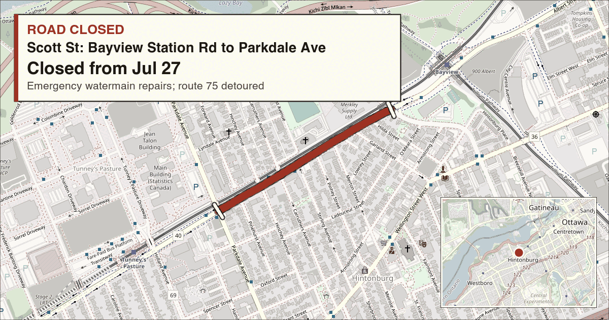 Map of Scott Street in Barrhaven with the affected stretch marked in red. Labelled: ROAD CLOSED, Scott St: Bayview Station Rd to Parkdale Ave, Closed from Jul 27, Emergency watermain repairs; route 75 detoured. An inset shows where this is within Barrhaven