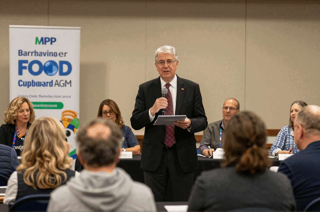 A man in a suit speaks at a podium or lectern before a seated audience in a meeting room; a banner reading 'MPP Barrhaven Food Cupboard AGM' is prominently displayed in the background.