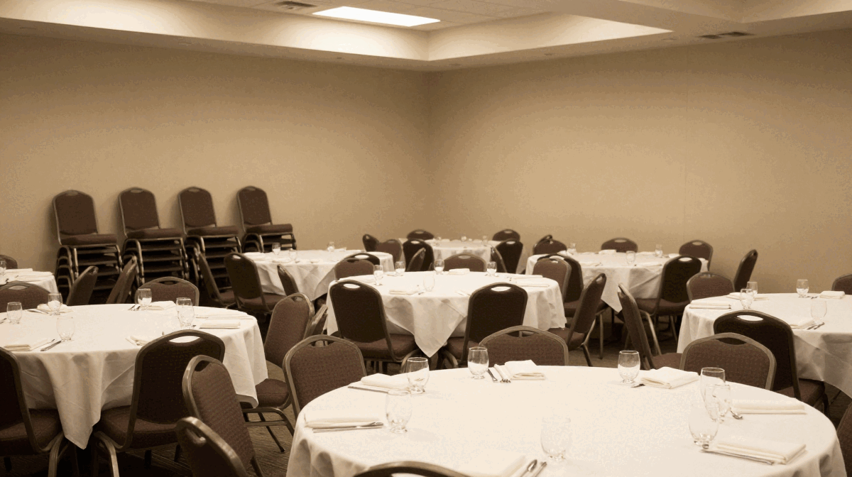 Round tables set with white tablecloths, glassware and folded napkins in an empty community hall banquet room, with stacked chairs along the back wall.