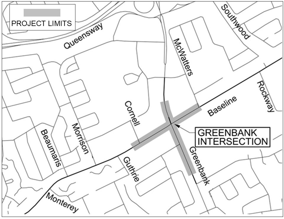 City of Ottawa project map showing the shaded construction limits along Baseline Road and Greenbank Road at their intersection, with surrounding streets labeled.