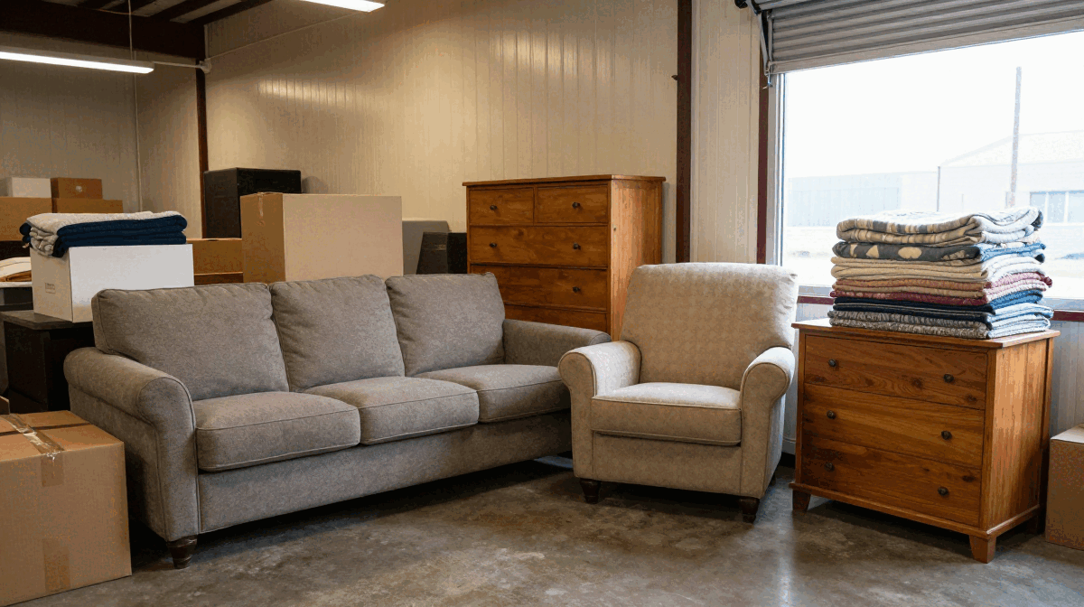 A gray sofa, a beige patterned armchair, and two wooden dressers with a stack of folded blankets sit among cardboard moving boxes in a warehouse-style storage space.