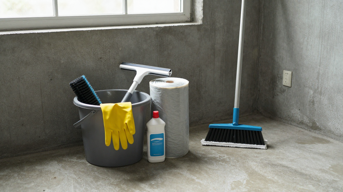 A grey bucket with rubber gloves, a scrub brush, and a squeegee, next to a bottle of disinfectant, a roll of paper towels, and a broom, on a bare concrete floor against unfinished concrete walls.