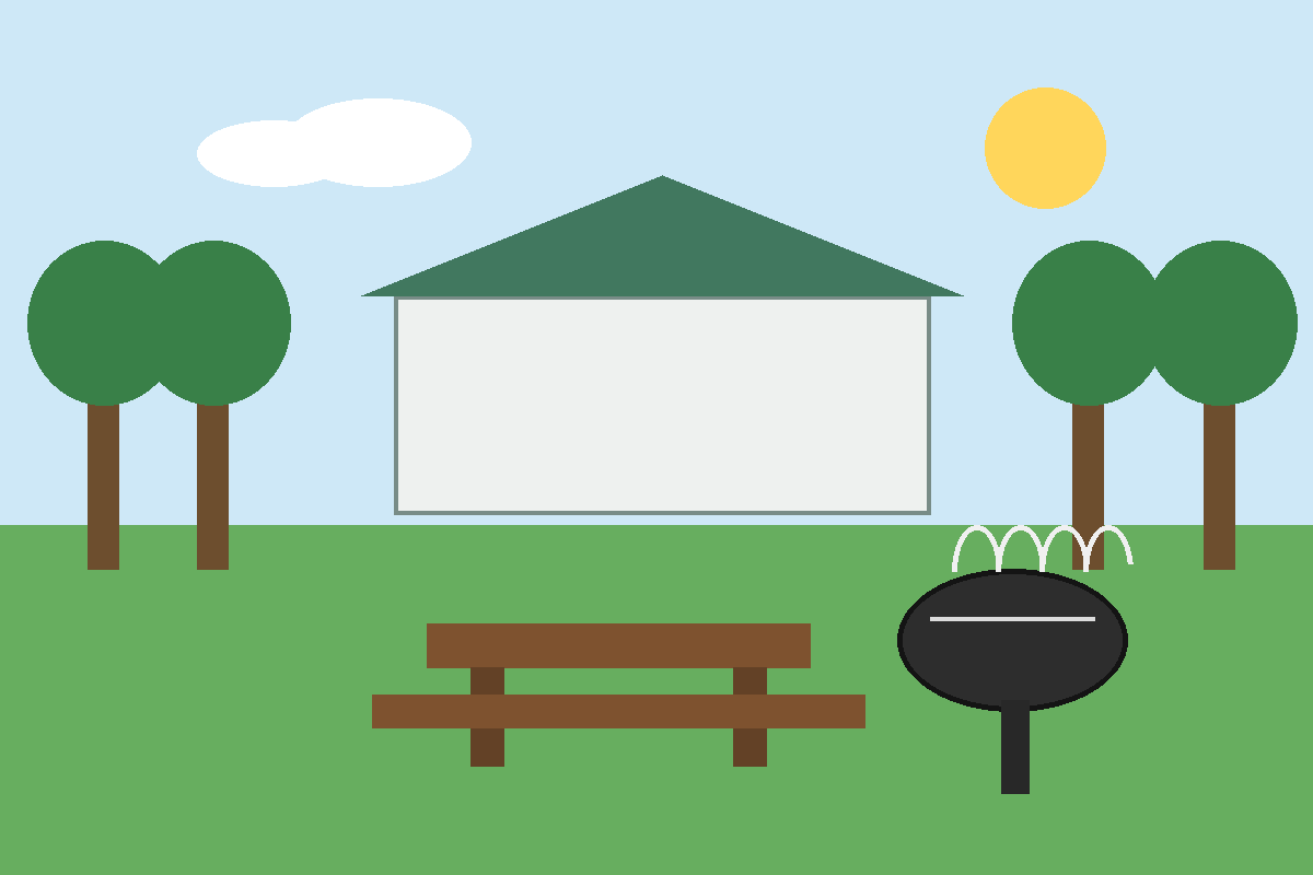 Illustration of a summer community barbecue with a picnic table, grill, trees and a recreation-centre pavilion.