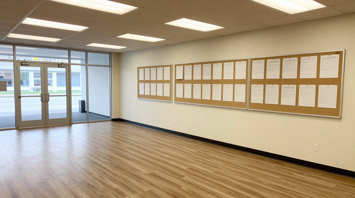 Empty community centre lobby with wood-look flooring, glass entrance doors, and three large cork bulletin boards on the wall covered with rows of printed program flyers.