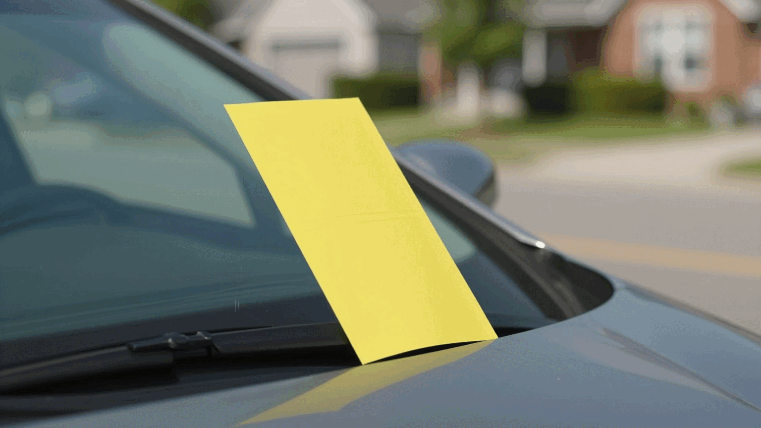 A plain yellow parking ticket beneath a windshield wiper on a parked car.
