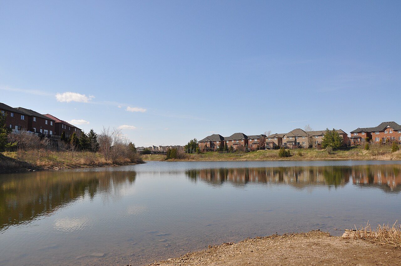 A stormwater retention pond in a residential Ontario neighbourhood.