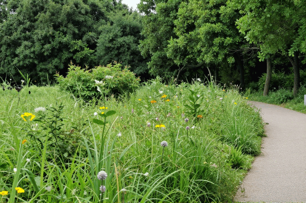 Native wildflowers and shrubs along a greenspace pathway.